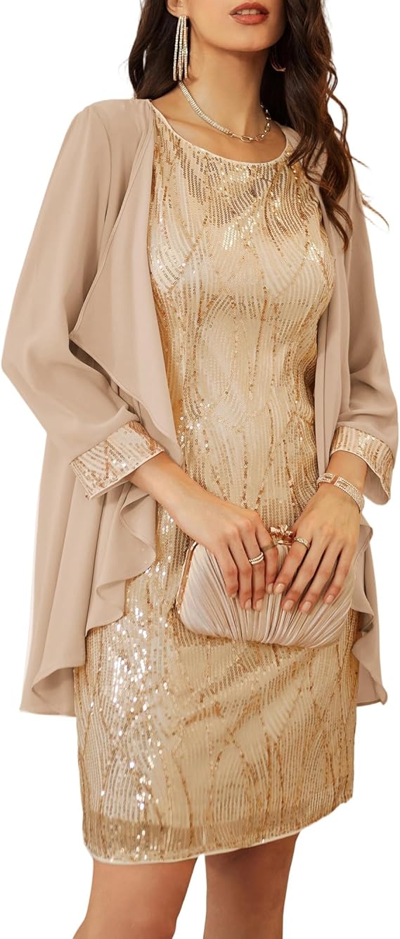 GRACE KARIN Women's Sequin Dress Wedding Guest Dresses Mother of the Bride Dresses Formal Dress Two Piece Dress Knee Length