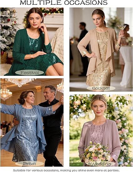 GRACE KARIN Women's Sequin Dress Wedding Guest Dresses Mother of the Bride Dresses Formal Dress Two Piece Dress Knee Length - 图片 3