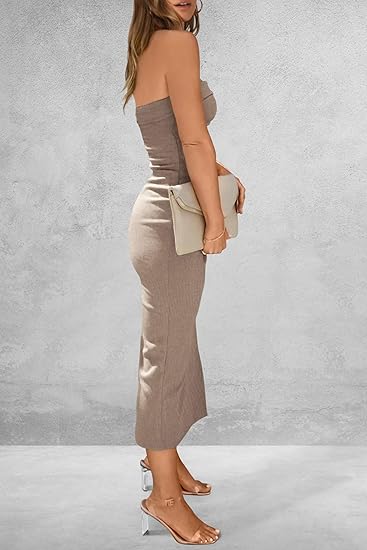 PRETTYGARDEN Women's Summer Bodycon Maxi Tube Dress Ribbed Strapless Side Slit Long Going Out Casual Elegant Party Dresses - 图片 5